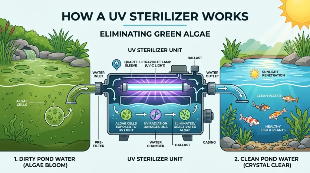 Water flowing through UV sterilizer
