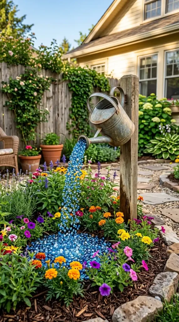 Watering can fountain garden art