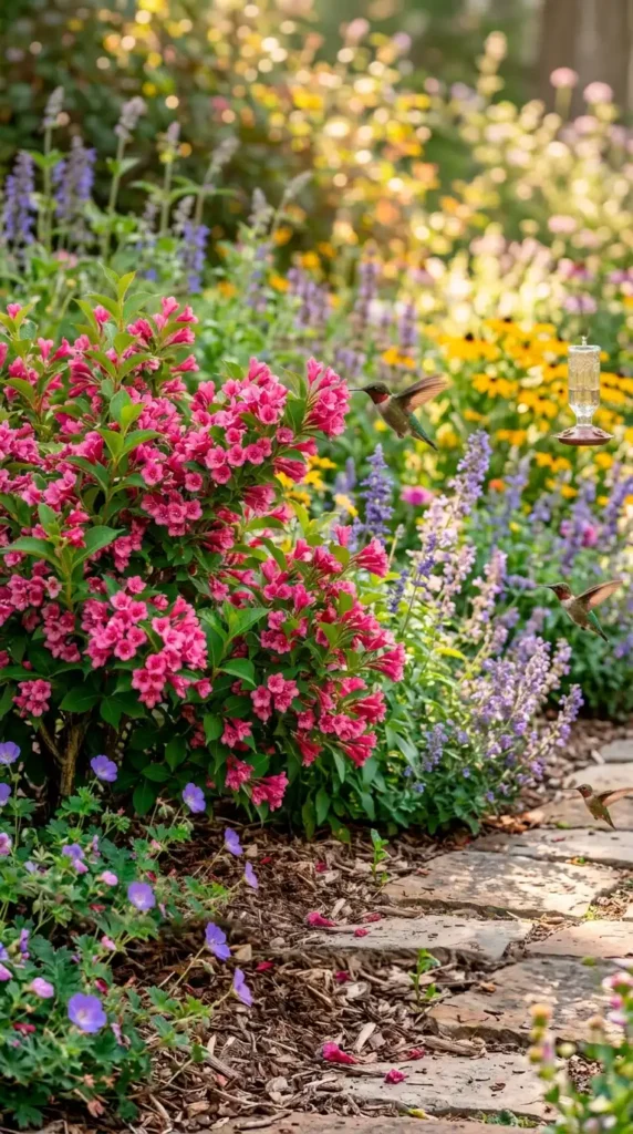 Weigela bush with hummingbird