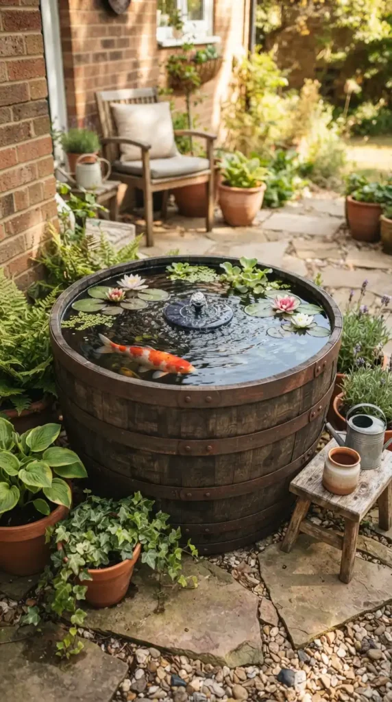 Whiskey barrel koi pond patio