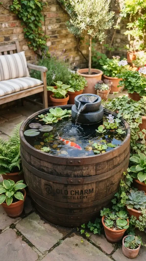 Whiskey barrel koi pond patio