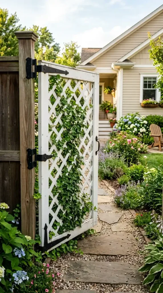 White lattice garden gate suburban