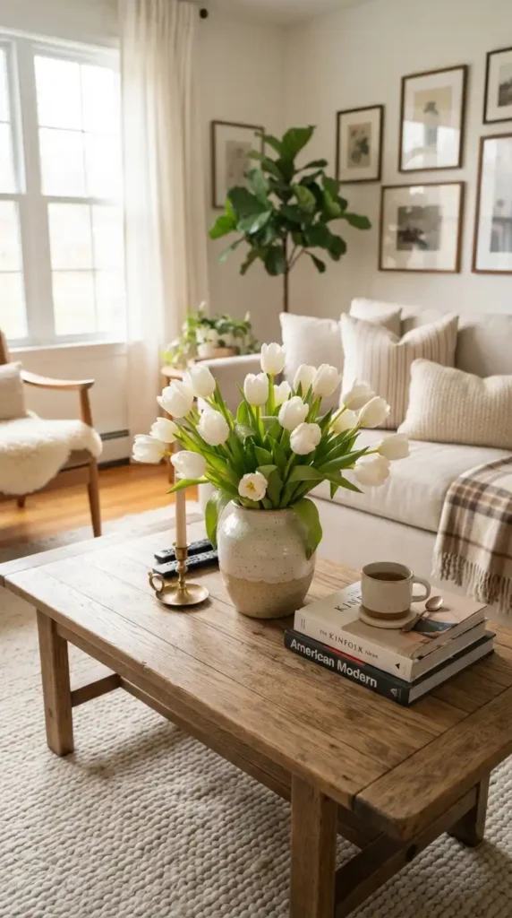 White tulips on coffee table