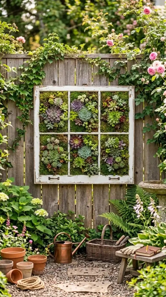Window frame planter on fence