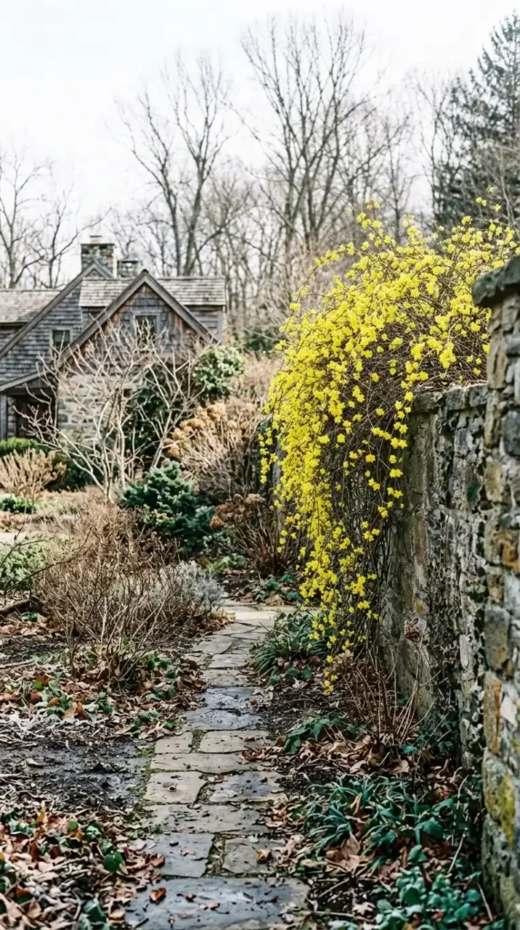 Winter jasmine cascading over wall