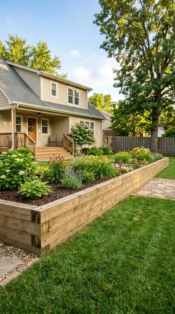 Wood retaining wall garden bed