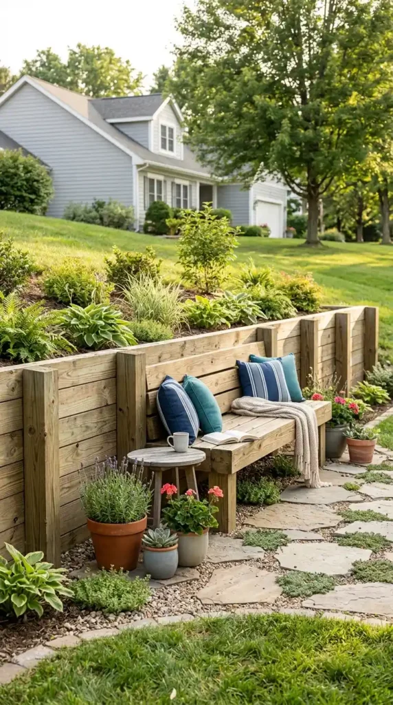Wood retaining wall integrated