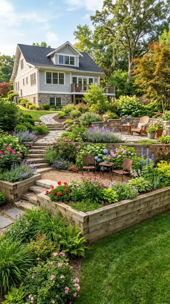 Wood retaining wall terraced home