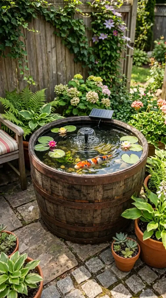 Wooden barrel koi pond patio