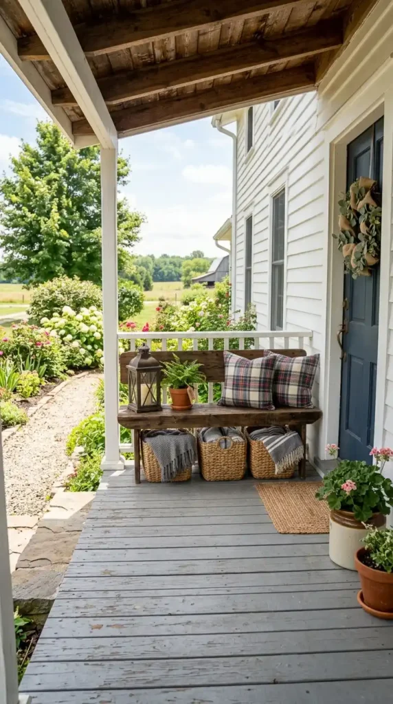 Wooden bench on farmhouse porch