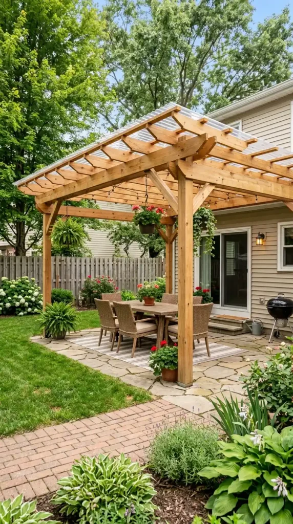 Wooden pergola on backyard patio
