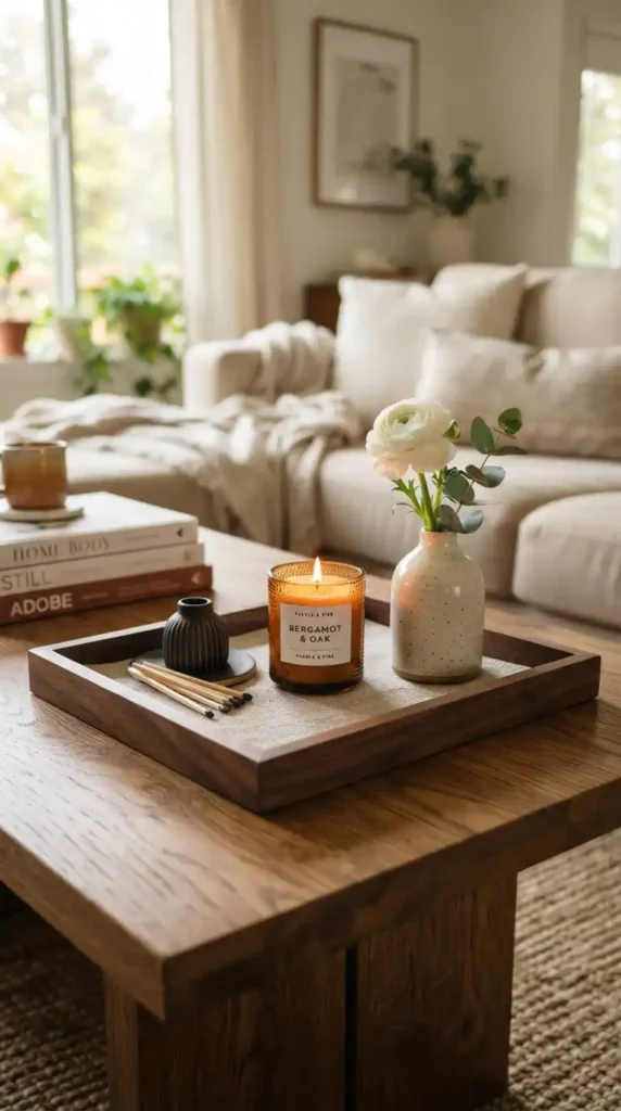 Wooden tray on coffee table