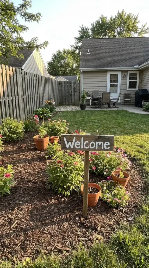 Wooden welcome sign garden