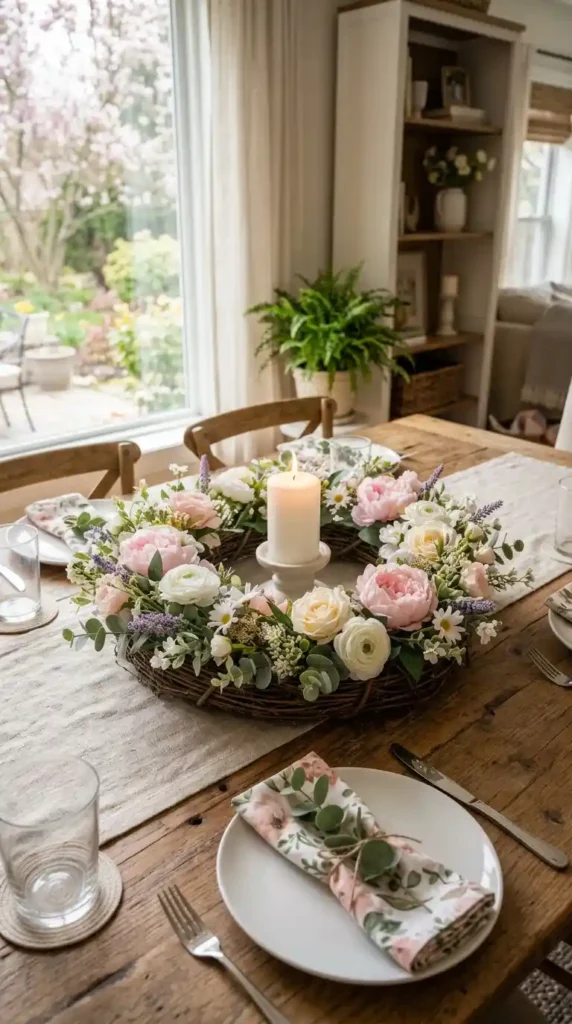 Wreath centerpiece on wooden table