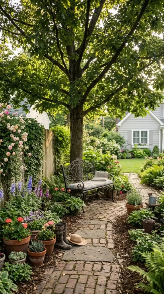Wrought iron bench under tree