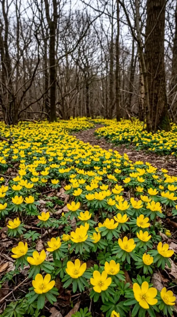 Yellow aconite flowers in woodland