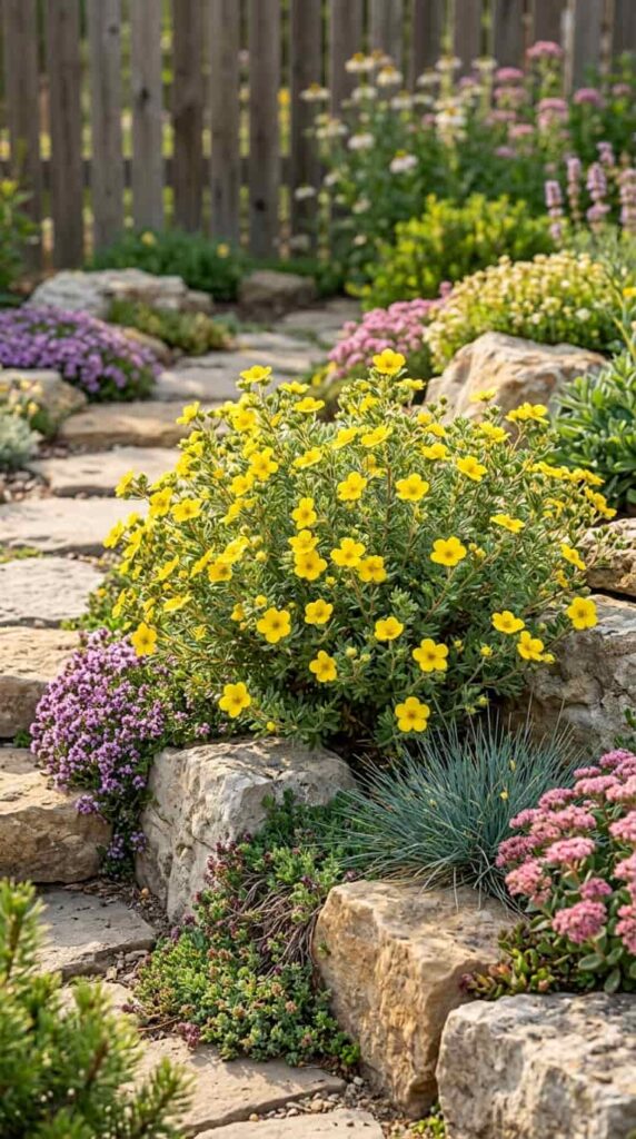 Yellow potentilla flowers in garden