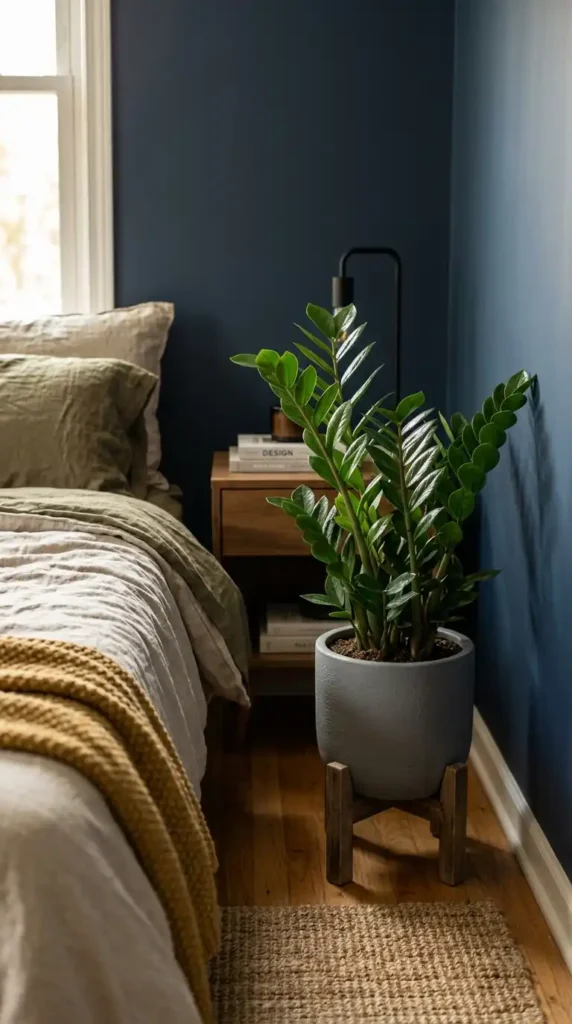 ZZ plant in bedroom corner