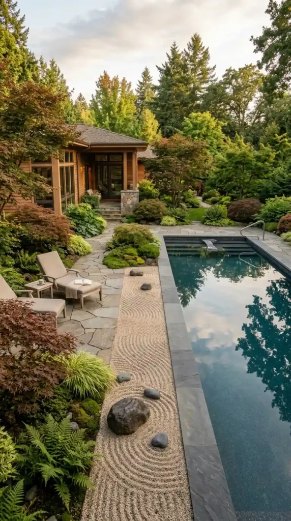Zen pool raked gravel patterns
