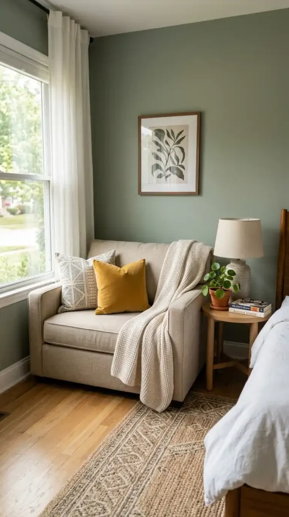 Bedroom sofa styled with cushions