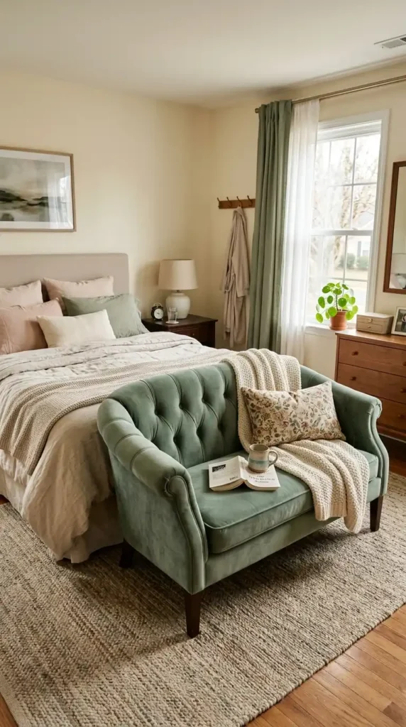 Bedroom with velvet settee