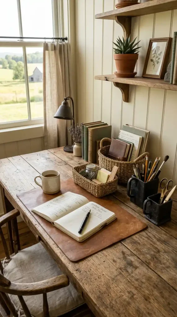 Farmhouse desk organizing supplies