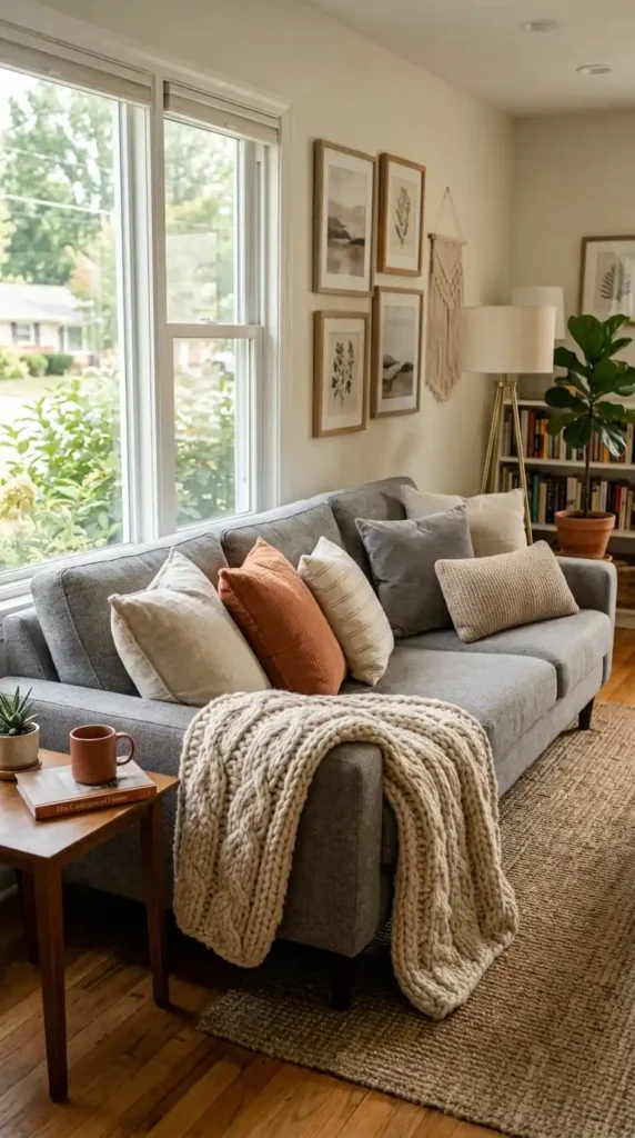 Grey sofa with cushions throw