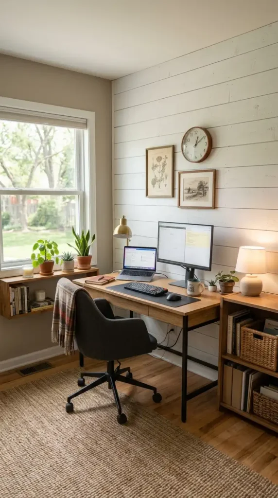 Home office with shiplap wall