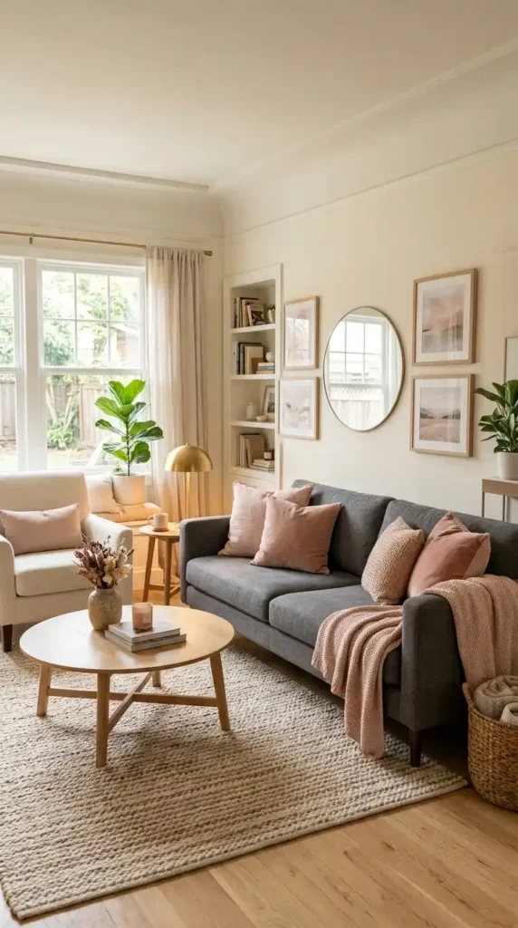 Living room with grey sofa