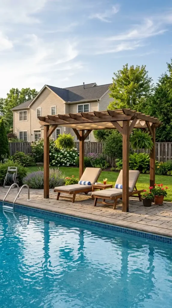 Poolside pergola with sun loungers