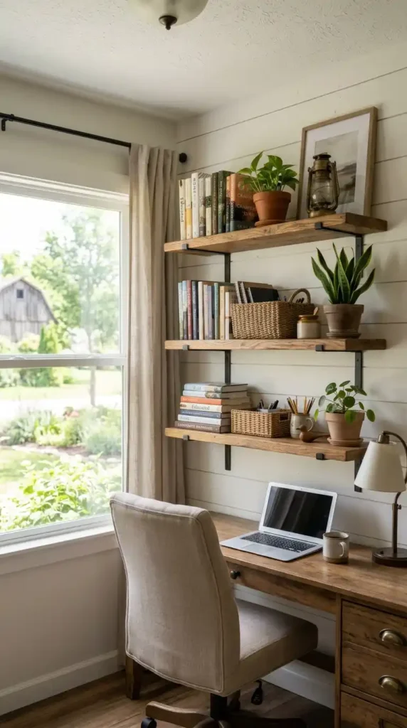 Wooden shelves displaying
